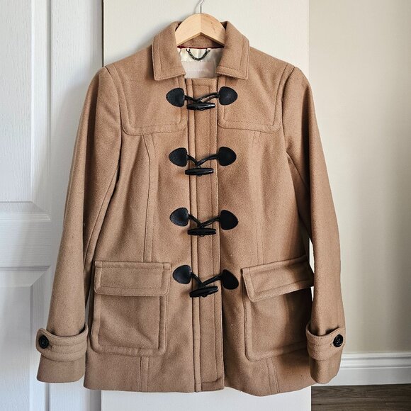 Banana Republic Camel Wool Toggle Coat Overcoat With Leather Accents Size XS - Picture 2 of 12